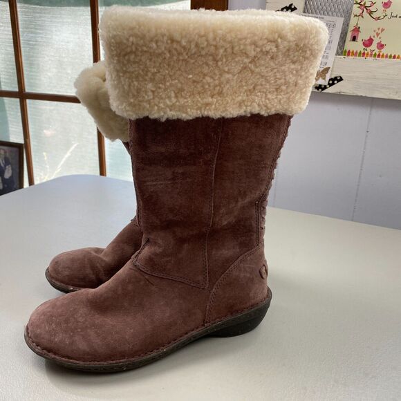 UGG Karyn Cuffed Suede Sheepskin Boots Womens 7 Brown Mid Calf - Picture 5 of 15
